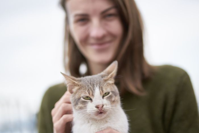 Un gatto viene accarezzato in grembo a una donna.