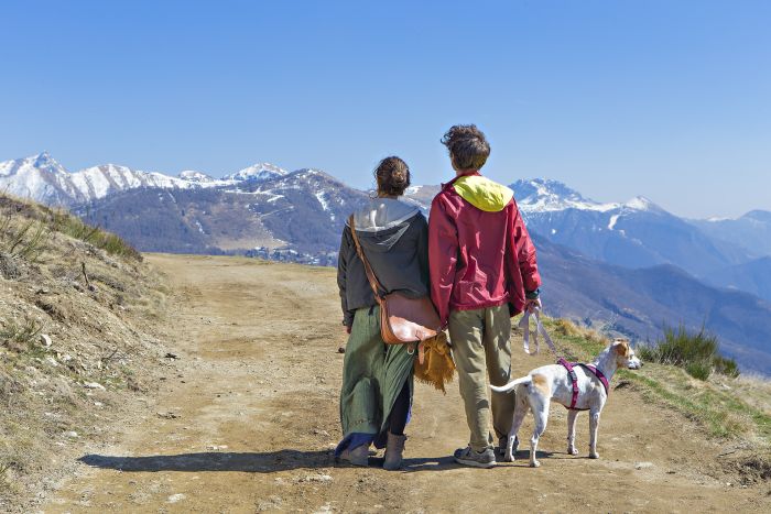 Una coppia con un cane su un sentiero di montagna.