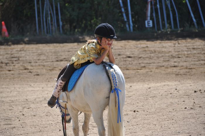 La ragazza si siede all'indietro su un cavallo.
